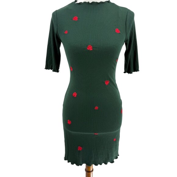 Heart & Hips Dresses & Skirts - Heart & Hips Womens S Ribbed Green Dress W/ Rose Embroidery & Scalloped Hem